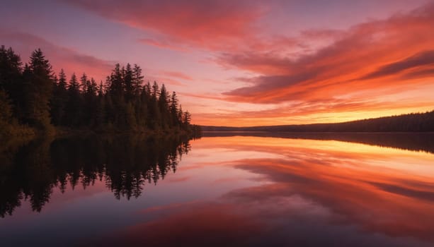 The sun has set, casting a warm, orange glow across the sky. Dark pine trees line the edge of a tranquil lake, their reflection mirrored on the surface. The clouds above are painted in shades of pink, red, and orange, creating a breathtaking scene.