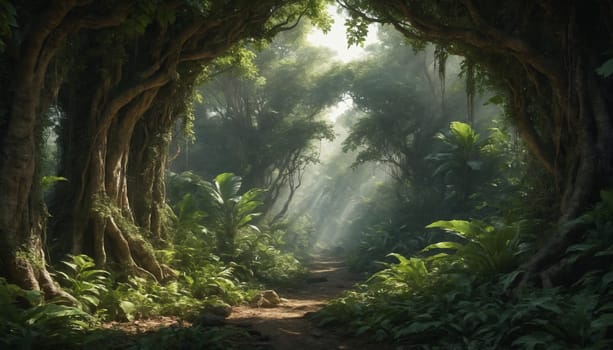 Sunlight streams through the dense canopy of a lush jungle, illuminating a path that winds its way through the verdant undergrowth. The air is thick with moisture, and the leaves shimmer with dew.