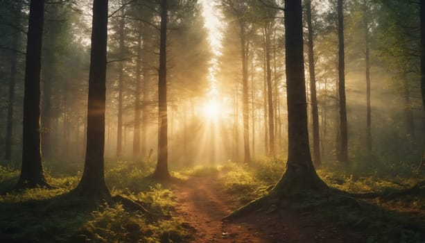 The sun's rays pierce through the dense canopy of trees in a mystical forest, illuminating a winding path. Morning mist lingers in the air, adding to the ethereal beauty of the scene.