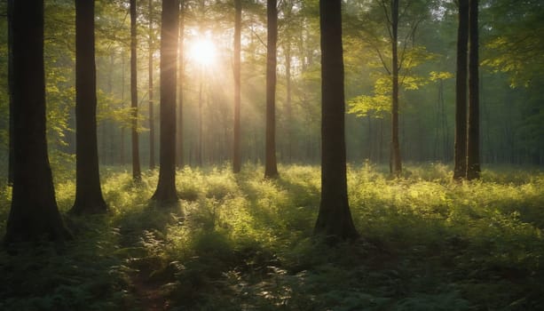 The sun's rays pierce through the thick canopy of trees, casting a warm golden glow on the forest floor, while fog gently swirls around the towering trunks.