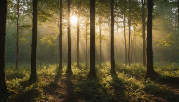 The sun shines brightly through the dense canopy of trees in a forest, casting long rays of light that illuminate the misty air. The light illuminates the ground, creating a dramatic scene of light and shadow.