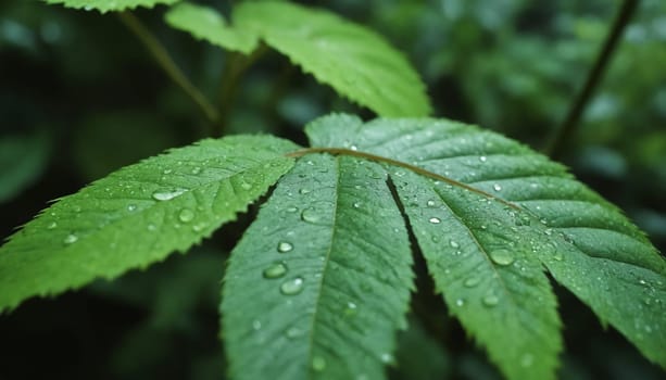 Sunlight filters through the misty air, illuminating the delicate drops of dew clinging to the large leaves of a plant in a lush, green forest. The soft light casts a gentle glow on the scene, highlighting the intricate patterns of the leaves and the sparkling beauty of the water droplets.
