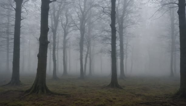 The sun peeks through a thick blanket of fog that envelops the tall, slender trees, casting an eerie glow on the forest floor. The misty air creates a sense of mystery and tranquility, inviting the viewer to explore the hidden depths of the woods.