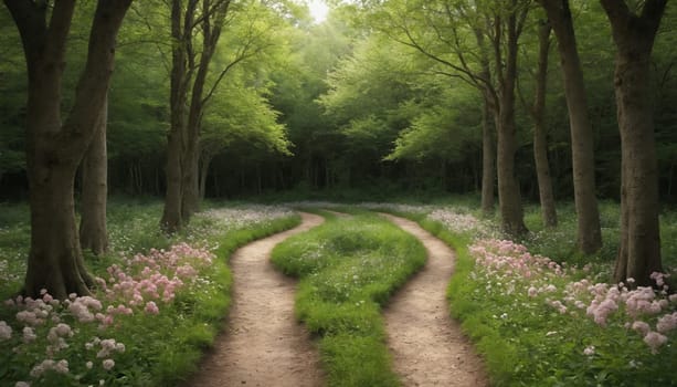 A dirt path, lined with trees, winds through a vibrant forest. The path is flanked by fields of pink flowers, and the air is filled with a soft, ethereal mist that shrouds the horizon. Sunlight filters through the leaves, creating dappled shadows on the ground.