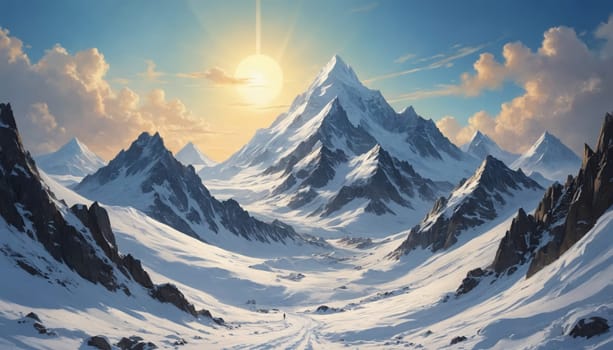 A single figure walks a winding path upwards, towards the peak of a majestic mountain range. The snow-covered slopes stretch out before them, bathed in the warm glow of the rising sun. Fluffy clouds drift across the blue sky, adding to the serenity of the scene.
