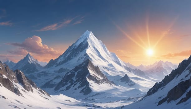A vast expanse of snow-covered mountains stretches towards a breathtaking sunset. The sun glows brightly, casting long shadows across the peaks. Clouds drift lazily across the sky, adding a touch of drama to the scene. In the foreground, two figures stand on a snow-covered ridge, dwarfed by the immense scale of the surrounding mountains.