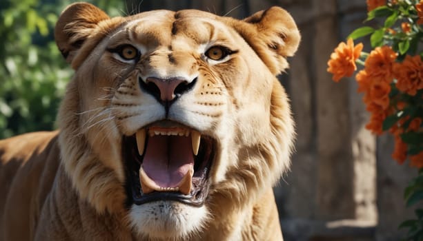 A lioness with a fierce expression stands in a sunlit clearing, her mouth open in a loud roar, showcasing her sharp teeth and powerful presence. A vibrant backdrop of orange flowers and lush green foliage frames her imposing figure.
