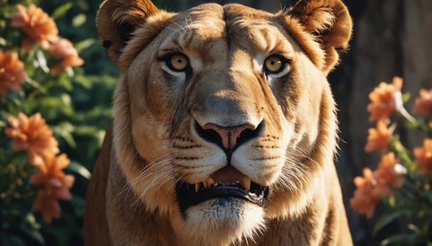 A lioness sits calmly in a shaded enclosure, her gaze fixed directly on the viewer. Her golden eyes pierce the camera lens, while her fur gleams with a soft, golden sheen. The light dances on her face, creating subtle shadows and highlighting her striking features.