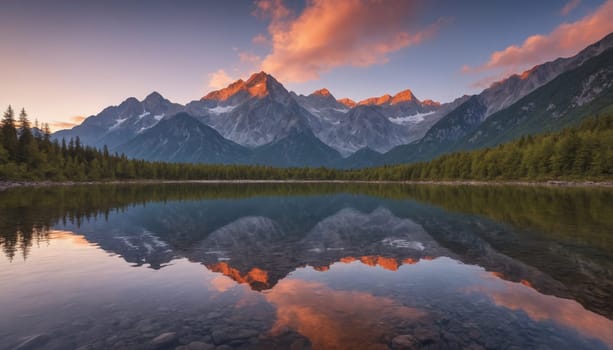 A tranquil lake reflects the majestic peaks of the Canadian Rockies as the first rays of dawn paint the sky in vibrant hues of pink and orange. The water is still and calm, mirroring the surrounding mountains and trees perfectly.