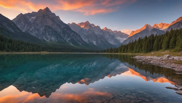 A picturesque mountain range is mirrored in the still waters of a lake as the sun sets, casting a vibrant orange and pink hue across the sky and landscape. The majestic peaks are covered in snow, while the surrounding forests showcase a mix of evergreen and deciduous trees. A sense of tranquility and awe emanates from the scene, capturing the beauty of nature at its finest.