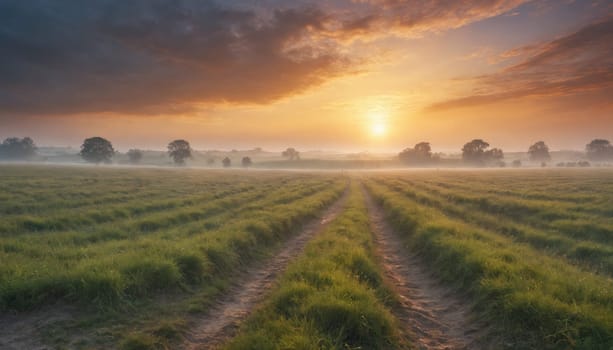 The sun rises over a misty meadow, bathing the landscape in a warm golden light. The fog swirls and dances around the trees, creating a dreamy and ethereal atmosphere.