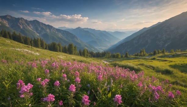 A field of pink wildflowers, glowing in the soft light of the setting sun, stretches out across a verdant mountain valley. The slopes are covered in trees and lush greenery, offering a picturesque view of the mountainous landscape.