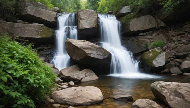 Water tumbles over a series of moss-covered boulders, creating a picturesque waterfall in a lush forest setting. The cascading water appears silky smooth due to a long exposure, showcasing the tranquility and beauty of the natural scene.