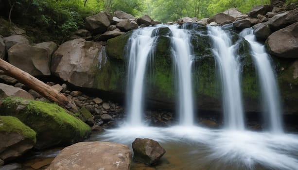 A picturesque waterfall cascades over smooth, gray rocks into a crystal-clear pool below, surrounded by vibrant green foliage and trees. The surrounding forest is a serene oasis, offering a peaceful escape from the bustling world. Sunlight filters through the canopy, creating a soft glow on the water and rocks.