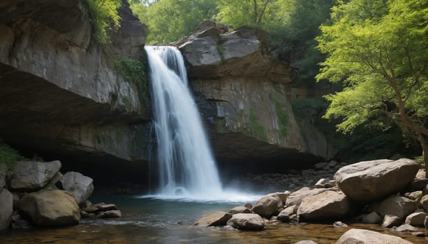 A cascading waterfall plunges over a rocky ledge into a tranquil pool surrounded by verdant foliage. The water flows smoothly and gently, creating a soothing atmosphere in the lush green forest.
