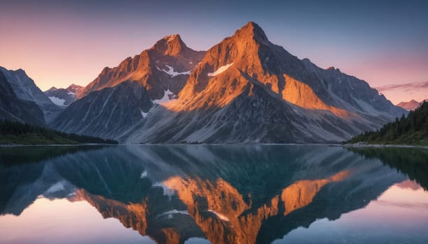 A serene mountain lake reflects the golden hues of sunrise, with majestic peaks rising up against a backdrop of pink clouds. The tranquil water mirrors the surrounding landscape perfectly, creating a breathtaking panorama.