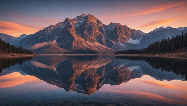 A serene lake reflects the vibrant hues of a sunset sky, with towering mountains standing tall in the background. The water is calm and still, mirroring the majestic peaks and the colorful clouds above.