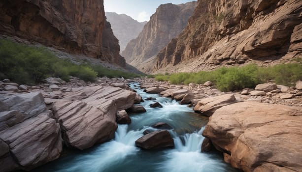 A narrow river flows through a canyon, its waters rushing over rocks and creating a gentle whitewater cascade. The canyon walls are tall and steep, their red rock faces glowing in the warm light of the setting sun.