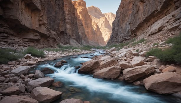The sun dips low in the sky, casting a warm glow on the canyon walls as a river flows through a rocky path. The water rushes over boulders, creating a series of small waterfalls. The air is still and quiet, and the only sound is the gentle rushing of the water.