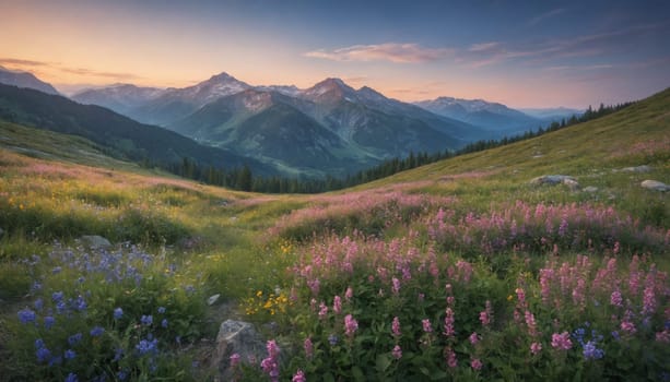 Wildflowers paint a vibrant tapestry across a mountain meadow, basking in the golden glow of a setting sun. The distant peaks, bathed in soft hues of pink and purple, complete this idyllic scene of natural beauty.