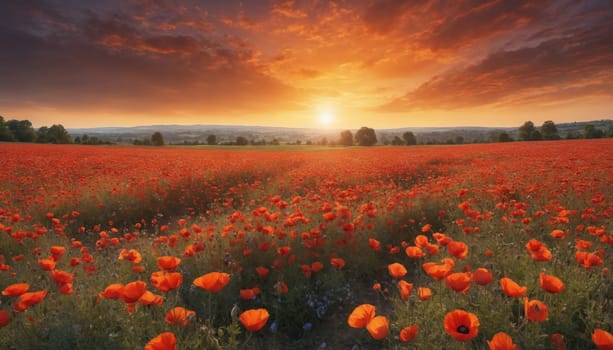 A vast field of poppies, stretching as far as the eye can see, blooms in vibrant shades of red under the glow of a breathtaking sunset. The sky is ablaze with fiery oranges and pinks, creating a captivating contrast with the delicate petals of the flowers below.