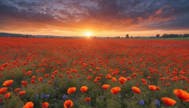 A field of vibrant red poppies stretches out towards a distant horizon, bathed in the golden light of a summer sunset. The sky is awash with warm hues of orange and pink as the sun dips below the horizon, casting long shadows across the field. The poppies stand tall and proud, their delicate petals unfurling in the gentle breeze. The scene is one of quiet beauty and tranquility, a moment of peaceful serenity in the natural world.