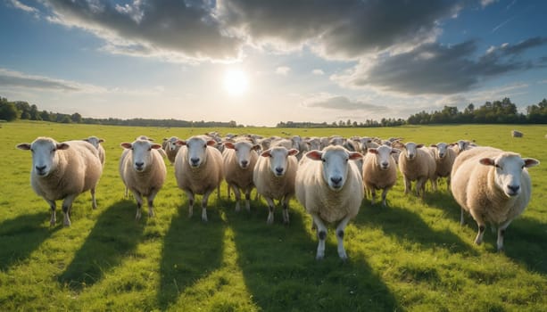 A large flock of sheep graze peacefully in a lush green field. The sun shines through a gap in the clouds, casting long shadows on the grass. The sheep are all facing the camera, their eyes looking directly at the viewer.