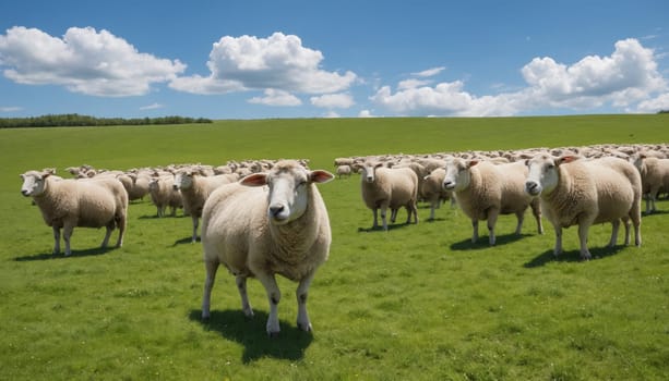 A large flock of sheep graze peacefully in a lush green field. The sun shines through a gap in the clouds, casting long shadows on the grass. The sheep are all facing the camera, their eyes looking directly at the viewer.
