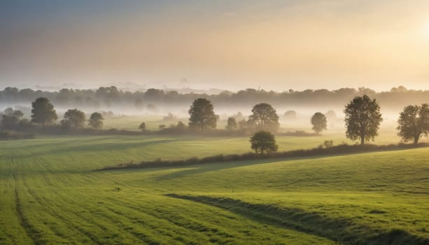 Sunrise casts a warm glow over a valley blanketed in morning mist. Silhouettes of trees line a grassy hillside, with the rolling hills in the distance shrouded in a light haze.