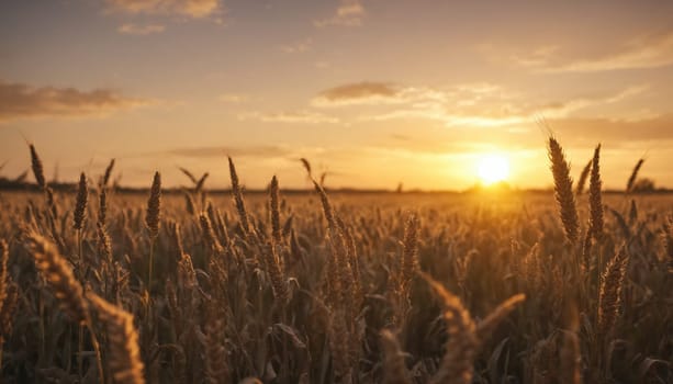 A field of wheat sways gently in the breeze as the sun sets behind it, casting a warm golden light over the scene. The wheat stalks stand tall and proud, their golden heads glistening in the fading light.