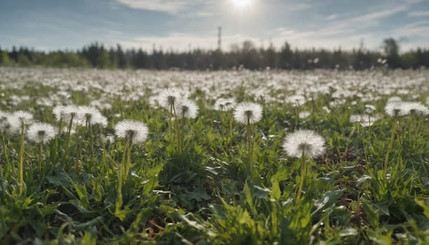 A vast meadow is filled with thousands of delicate dandelion blooms, their fluffy seeds shimmering in the sunlight. The soft breeze gently carries the seeds, creating a sense of whimsy and possibility. The sun, shining brightly in the distance, illuminates the scene, casting long shadows across the green grass.
