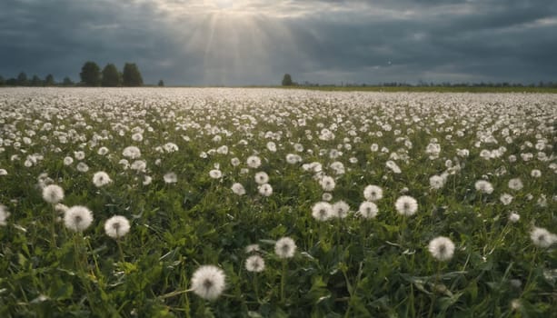 The sun shines through a layer of clouds casting rays of light onto a field of dandelions. The dandelions are in full bloom and their white seeds are ready to be blown away by the wind.