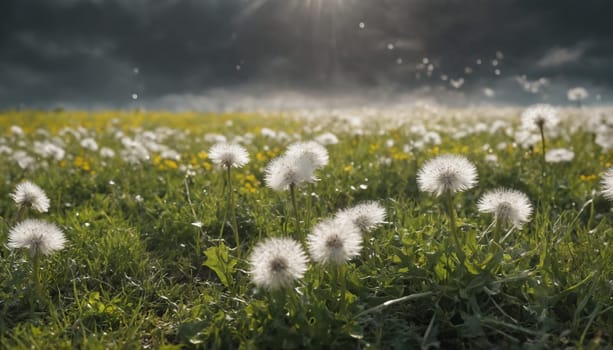 A field of dandelions bathed in the soft light of the setting sun. The white seeds of the dandelions are visible, ready to be dispersed by the wind. The field is a lush green, with a few yellow dandelions scattered throughout.