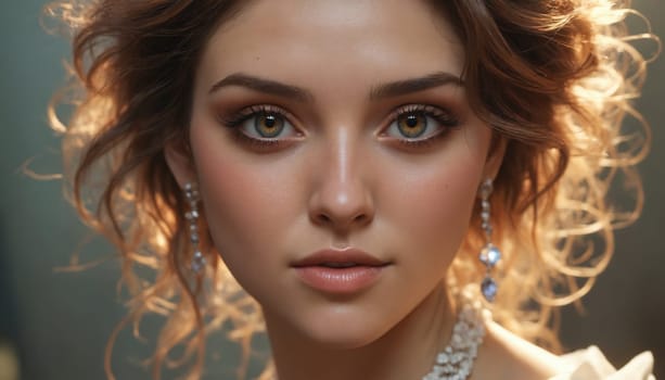 The image depicts a young woman with long, curly brown hair and warm, golden eyes. She wears a delicate necklace and earrings, and the soft light illuminating her face creates a sense of ethereal beauty.