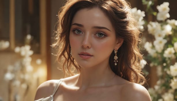 A young woman with long, flowing brown hair and delicate features gazes into the distance, her expression wistful and serene. She is adorned with a simple earring that catches the sunlight, and her skin glows with a soft, golden hue. The background is blurred, suggesting a peaceful and tranquil garden setting.