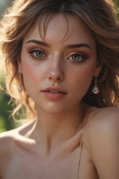 A young woman with golden-blonde hair, wearing delicate earrings, looks directly at the camera with a serene expression. Her skin glows with a warm, golden light, and her green eyes are highlighted by subtle makeup. She is surrounded by a lush, green backdrop, suggesting a tranquil garden setting.