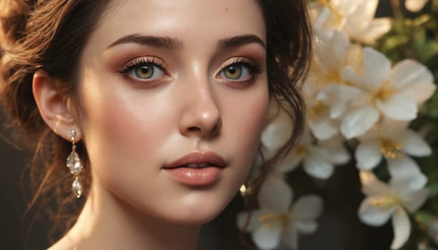 A young woman with long, flowing brown hair and delicate features gazes into the distance, her expression wistful and serene. She is adorned with a simple earring that catches the sunlight, and her skin glows with a soft, golden hue. The background is blurred, suggesting a peaceful and tranquil garden setting.