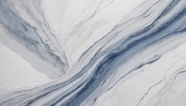 The image showcases a close-up view of a white marble surface. The veining of the marble is intricate and captivating, featuring a flowing pattern of blue veins that intertwine and create a dynamic composition.