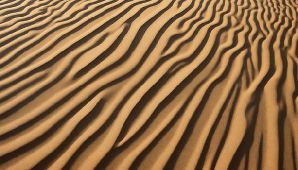 The golden light of the setting sun casts long shadows on the rippling surface of a desert sand dune, creating a mesmerizing pattern of light and dark lines. The smooth, undulating curves of the dune suggest the constant, yet subtle, movement of the wind, shaping the landscape over time.