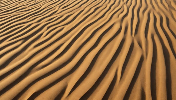 A close-up view of a rippling desert sand dune, showcasing the intricate patterns created by the wind. The soft, golden hues of the sand create a sense of tranquility and vastness.