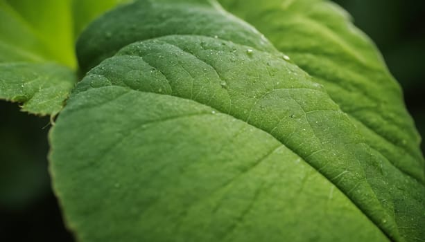 A single leaf, vibrant green and glistening with dew, showcases the delicate beauty of nature. The intricate network of veins, highlighted by the morning light, creates a captivating texture.