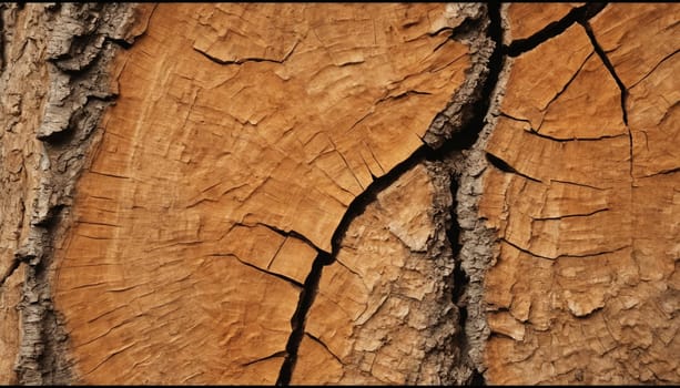 The rough bark of a tree trunk, partially peeled back, reveals the intricate network of rings and cracks etched by years of growth and weather. The sun-drenched wood tells a story of resilience and the passage of time.