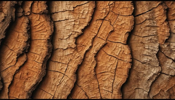 A close-up view of the surface of a tree stump, showcasing the intricate network of growth rings and cracks that tell the story of its long life. The deep brown and tan colors of the wood create a textured and captivating pattern.