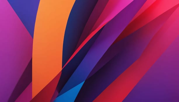 An abstract composition of overlapping geometric shapes, predominantly in vibrant orange, red, and purple tones. The central area features a burst of radiating lines, creating a sense of movement and depth. The arrangement of shapes and colors creates a visually captivating and dynamic design.
