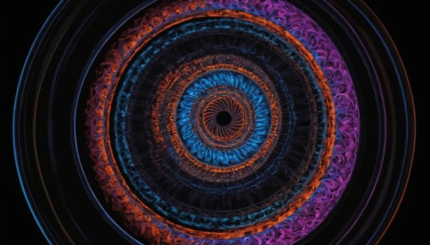 A mesmerizing swirling pattern of concentric circles in shades of orange, purple, and blue pulsates against a black backdrop, creating a sense of infinite depth and cosmic wonder.