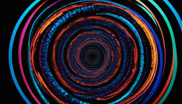 An abstract image featuring a swirling vortex of colorful circles, creating a hypnotic and mesmerizing effect. The colors are vibrant and intense, creating a dynamic and captivating visual experience.