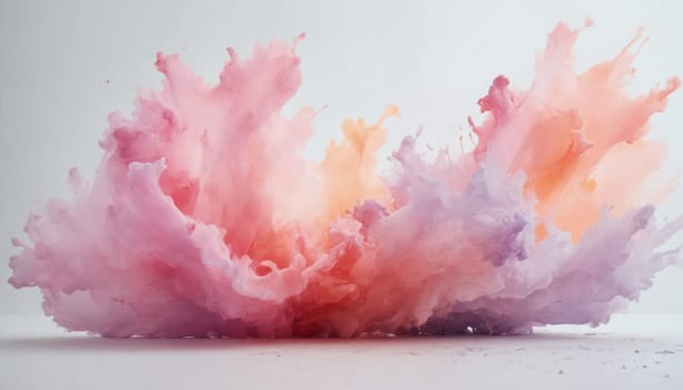 A vibrant abstract watercolor painting explodes with color, showcasing a dynamic composition of blues, pinks, and oranges. The soft, blended hues create a sense of movement and energy, reminiscent of a celestial burst or an artistic celebration of color.