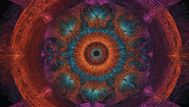 A digital abstract artwork depicting a glowing, orange and red fractal flower blooming in a dark purple and black background. The flower's intricate details are visible, showcasing the beauty of the fractal pattern.