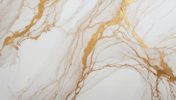 A close-up shot of a white marble surface with intricate veins of gold running through it. The veins appear like delicate branches, creating a mesmerizing pattern of light and shadow. The image captures the natural beauty and elegance of marble.