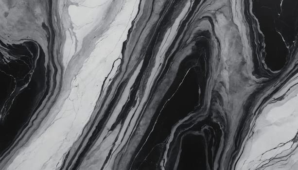 A close-up image of a polished marble surface with flowing, abstract patterns in shades of black, white, and gray. The veins of the marble twist and turn, creating a dynamic and captivating visual.